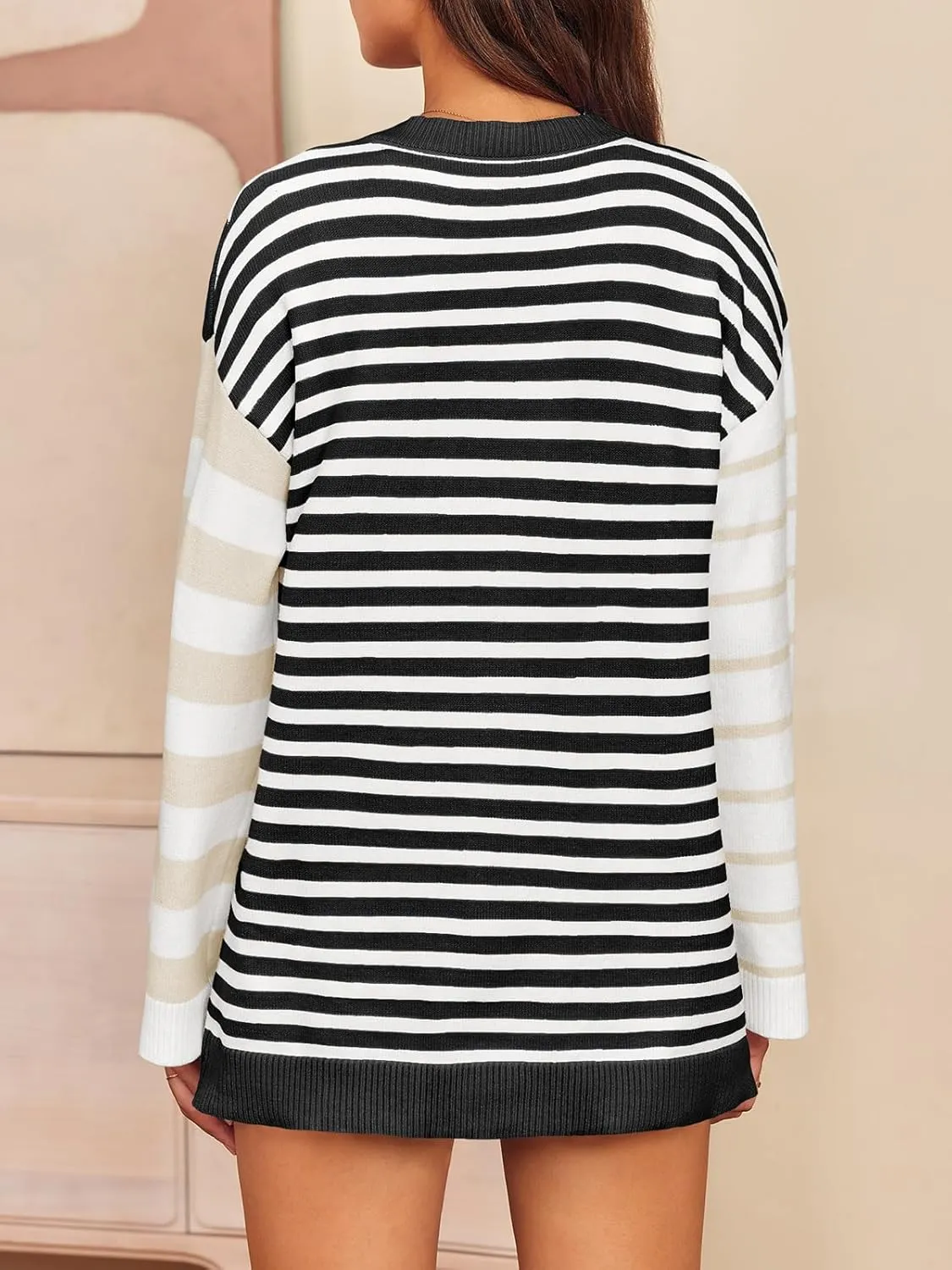 Saodimallsu Womens Striped Color Block Cardigan Sweaters V Neck Long Sleeve Button Colorful Open Front Coats