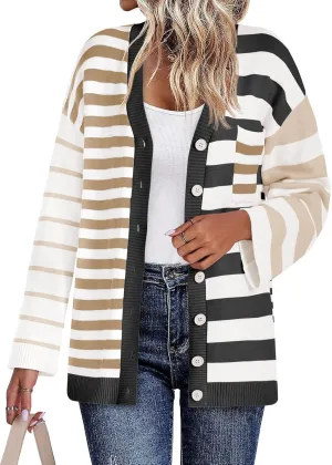 Saodimallsu Womens Striped Color Block Cardigan Sweaters V Neck Long Sleeve Button Colorful Open Front Coats
