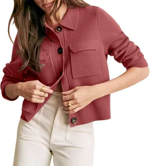 Senllen Women Cropped Cardigan Sweaters 2025 Casual Trendy Collared Button Down Open Front Long Sleeve Knit Shackets Jackets