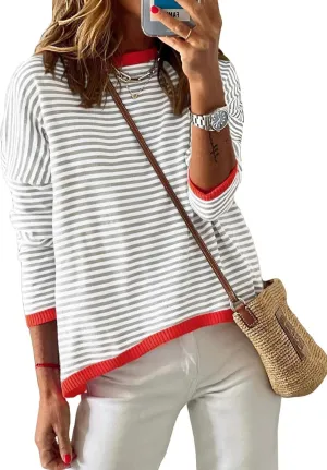Sherosa Womens Long Sleeve Striped Sweaters 2024 Trendy Crewneck Color Block Shirts High Low Fall Tops Fashion Outfits