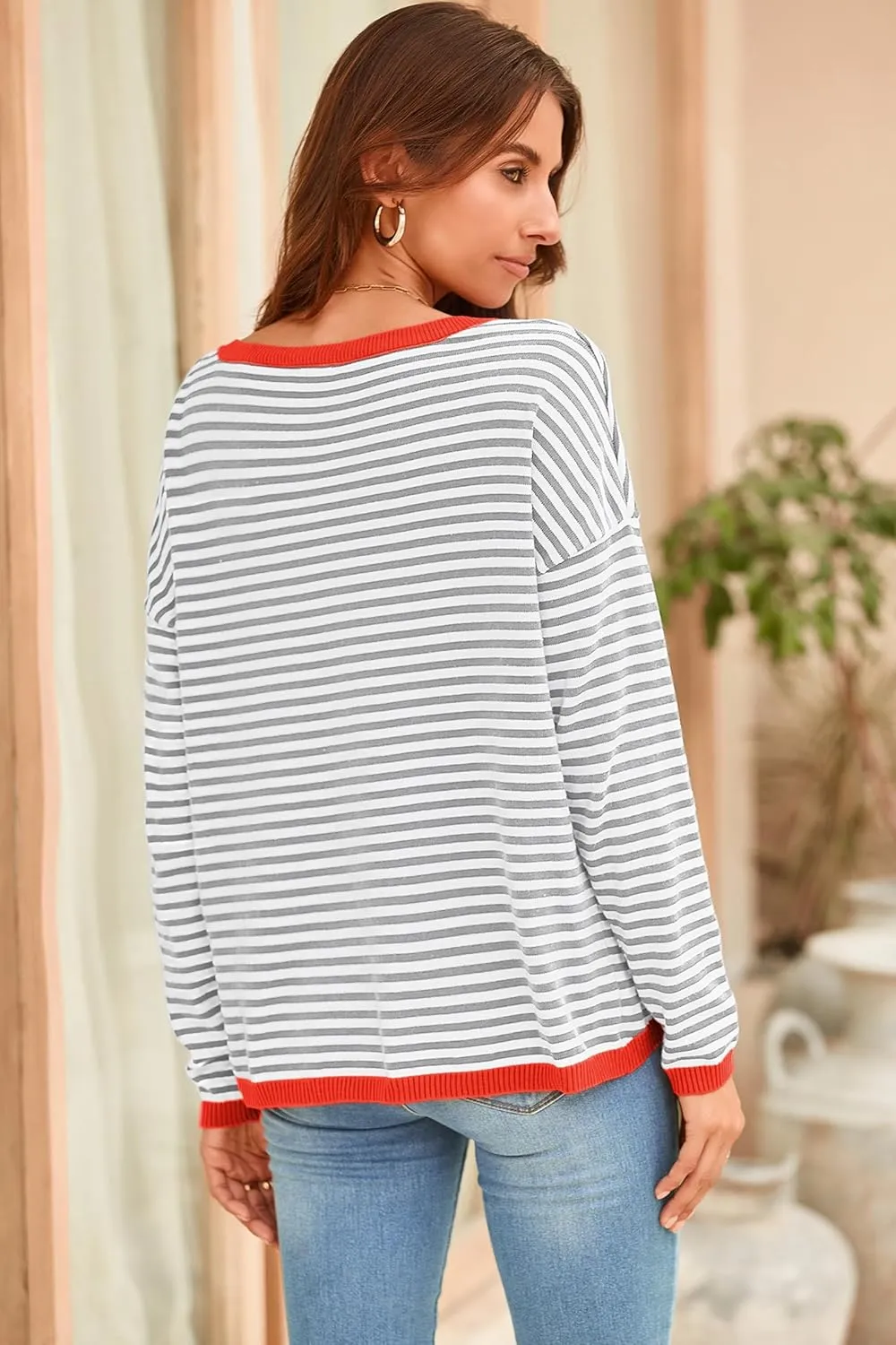 Sherosa Womens Long Sleeve Striped Sweaters 2024 Trendy Crewneck Color Block Shirts High Low Fall Tops Fashion Outfits