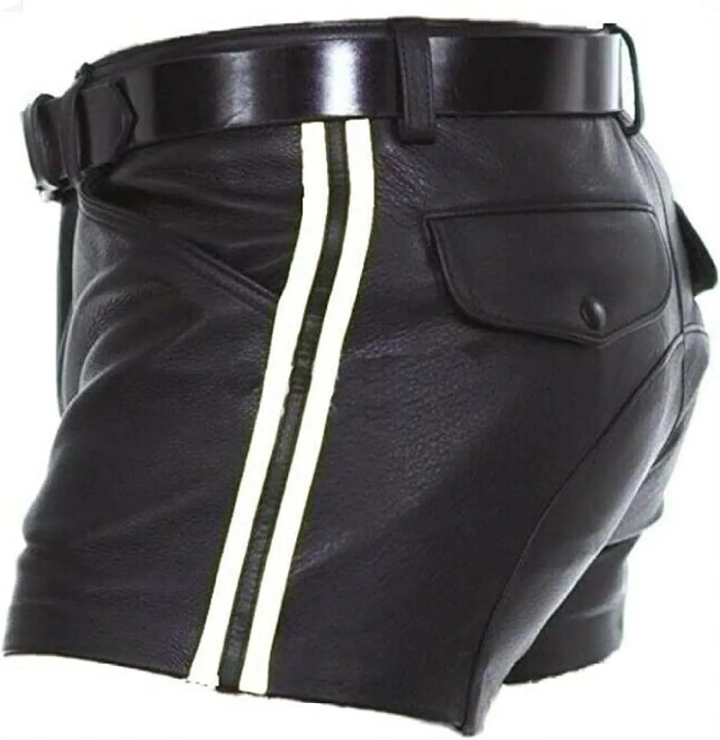 SOMTHRON Men's PU Leather Shorts Striped Sexy Rave Hot Shorts Straight Leg Club Party Short Pants with Pockets