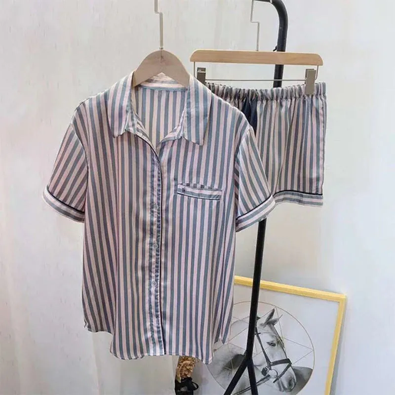 Two Piece Set Pajamas for Women Striped Satin Silk Sleepwear Pyjamas Pjs Shorts Sets Summer Autumn Short Loungewear Home Clothes