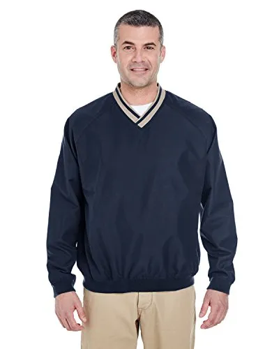Ultraclub Adult Cross Over V Neck Microfiber Wind Shirt Navy Tan XXLarge