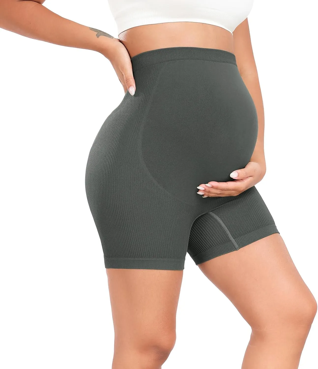 URUWASHI Ribbed Maternity Shorts Over The Belly Seamless 5" Pregnancy Workout Athletic Biker Shorts for Women