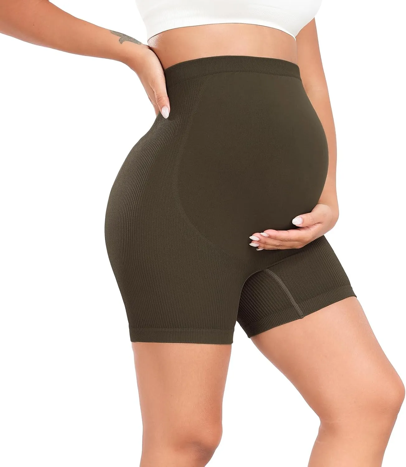 URUWASHI Ribbed Maternity Shorts Over The Belly Seamless 5" Pregnancy Workout Athletic Biker Shorts for Women