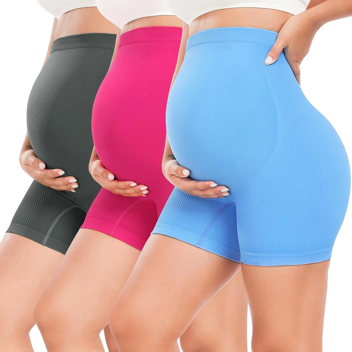 URUWASHI Ribbed Maternity Shorts Over The Belly Seamless 5" Pregnancy Workout Athletic Biker Shorts for Women