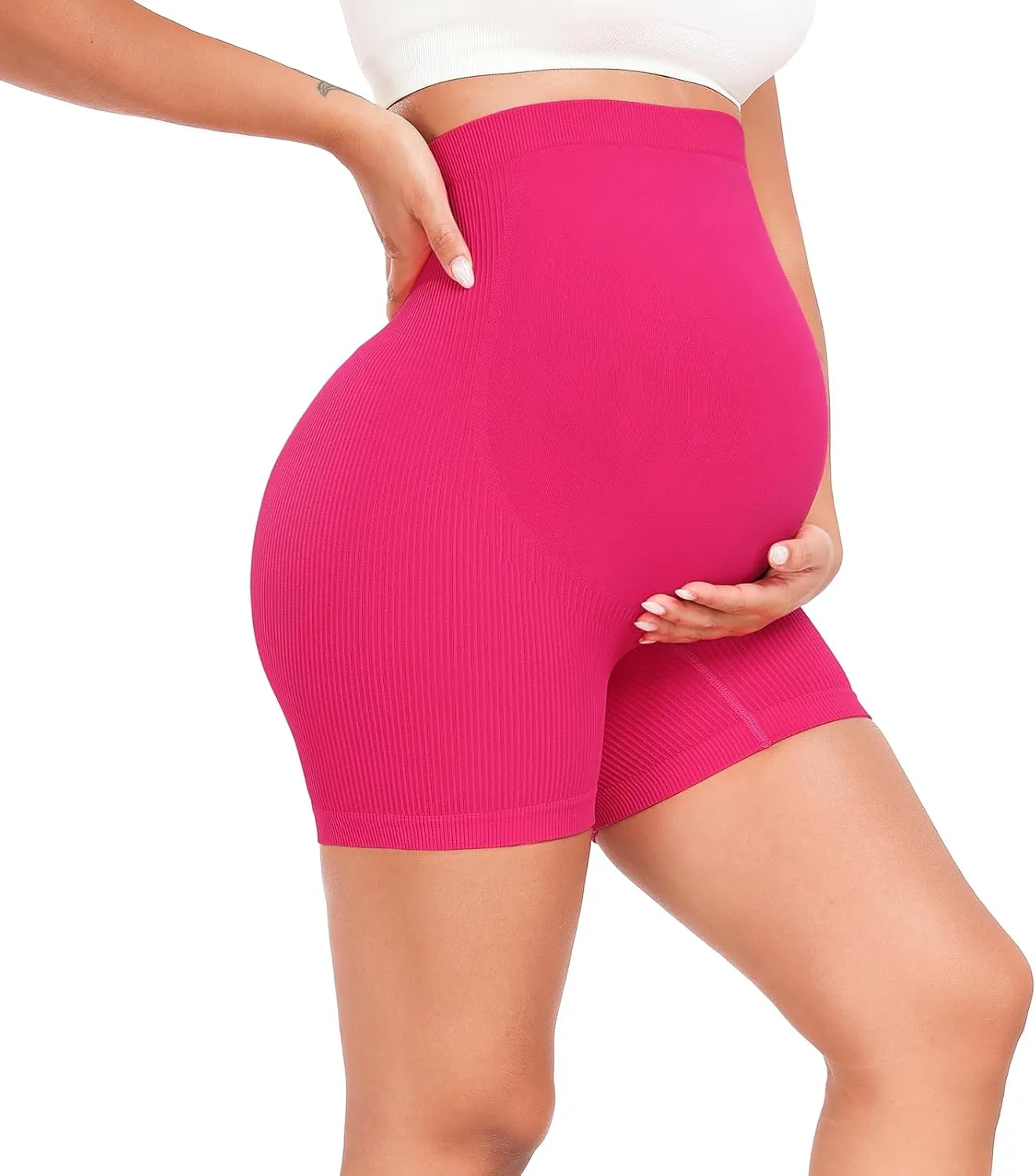 URUWASHI Ribbed Maternity Shorts Over The Belly Seamless 5" Pregnancy Workout Athletic Biker Shorts for Women