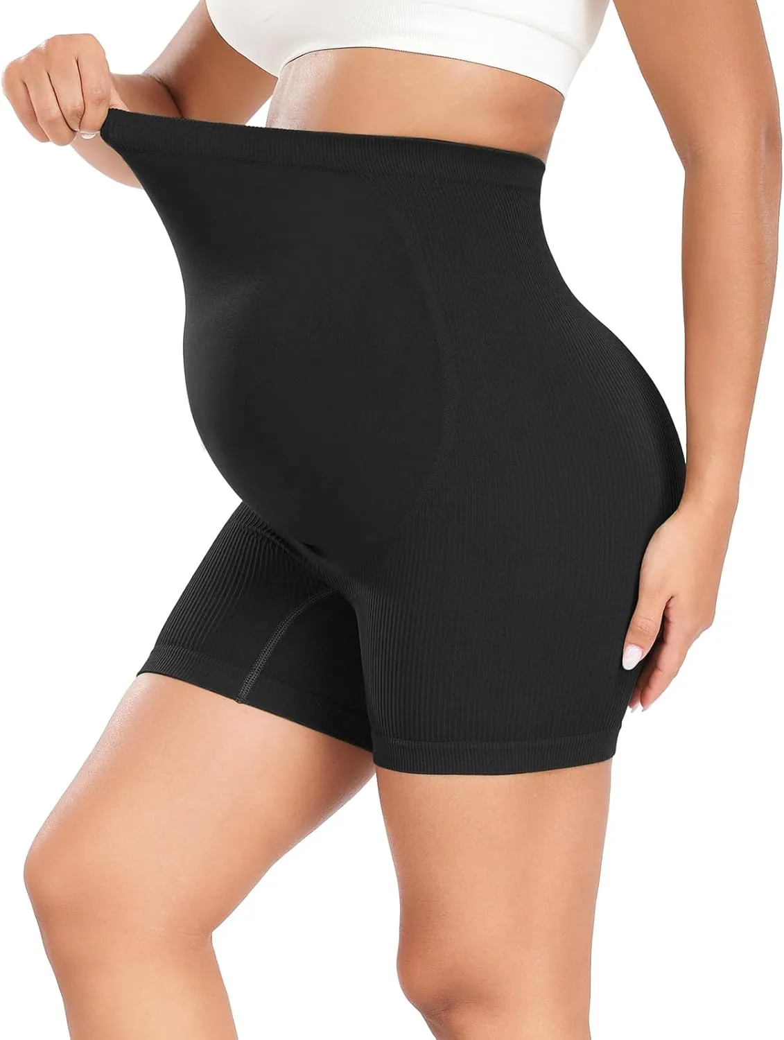 URUWASHI Ribbed Maternity Shorts Over The Belly Seamless 5" Pregnancy Workout Athletic Biker Shorts for Women