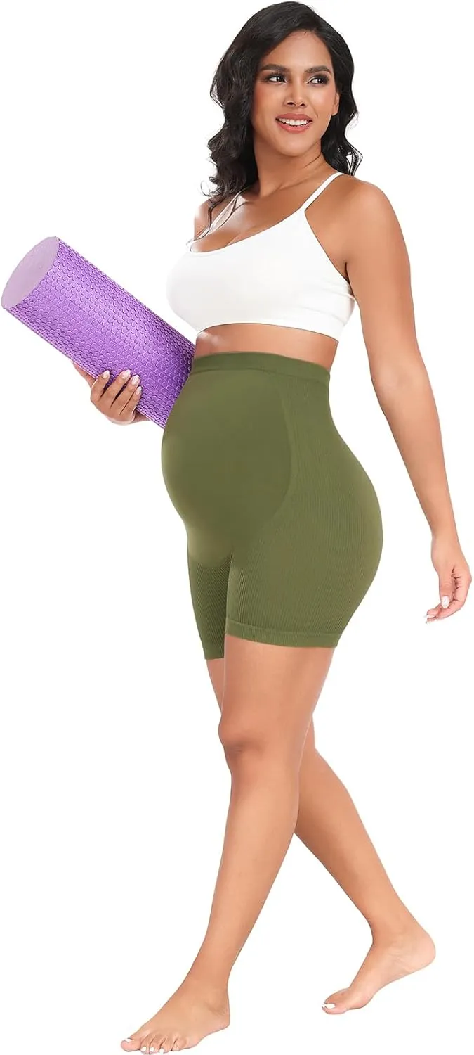 URUWASHI Ribbed Maternity Shorts Over The Belly Seamless 5" Pregnancy Workout Athletic Biker Shorts for Women