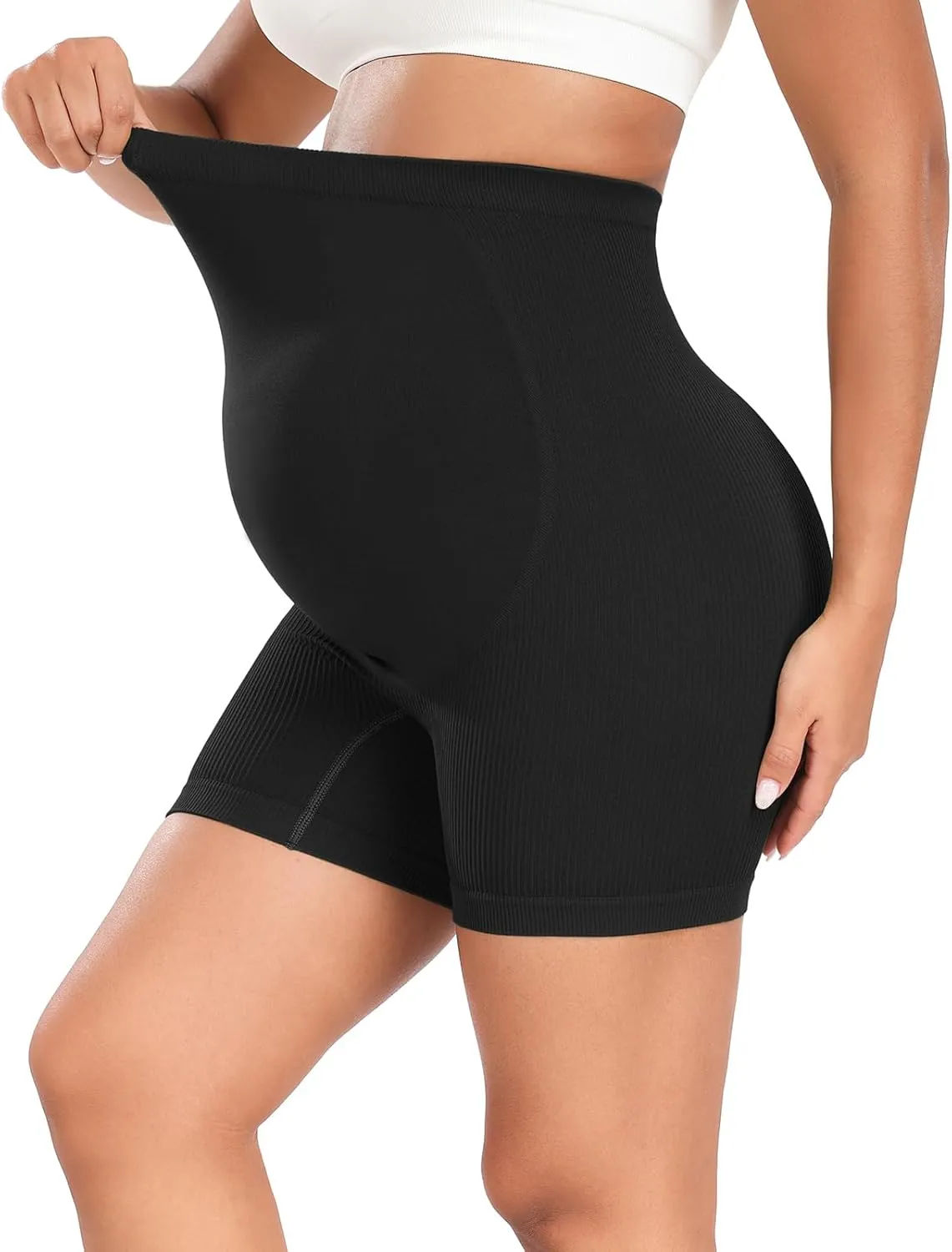 URUWASHI Ribbed Maternity Shorts Over The Belly Seamless 5" Pregnancy Workout Athletic Biker Shorts for Women