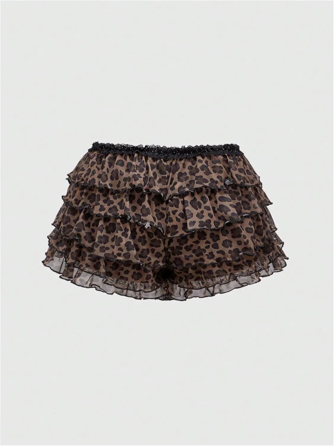 Verdusa Women's Plus Size Y2K Cheetah Print Ruffle Shorts Tiered Layered Low Waist Mesh Mini Shorts