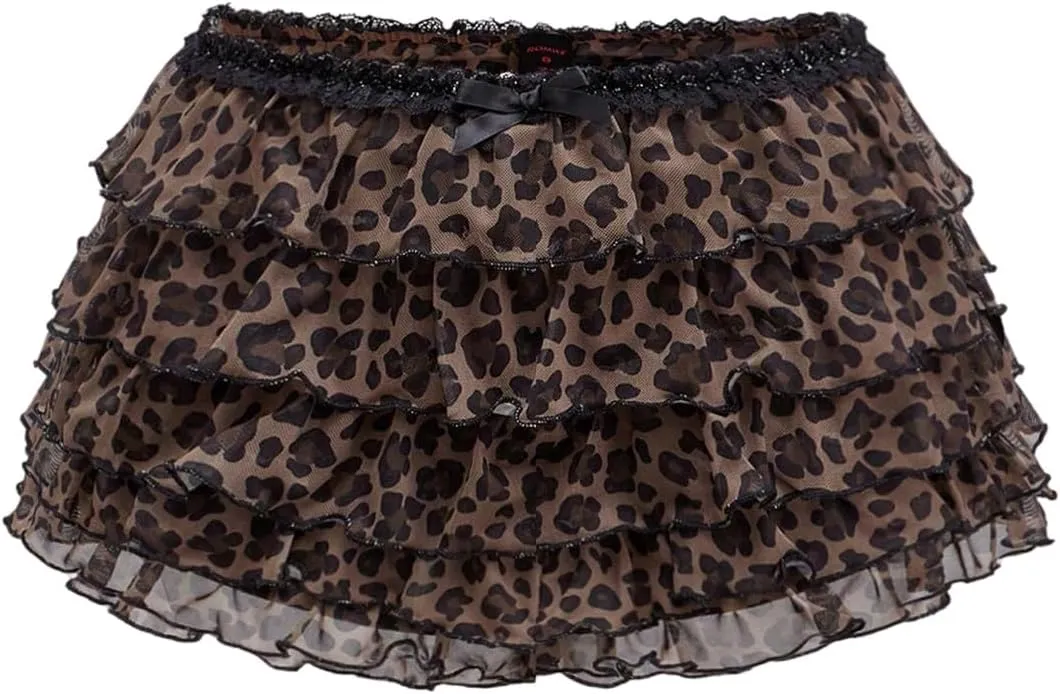 Verdusa Women's Plus Size Y2K Cheetah Print Ruffle Shorts Tiered Layered Low Waist Mesh Mini Shorts