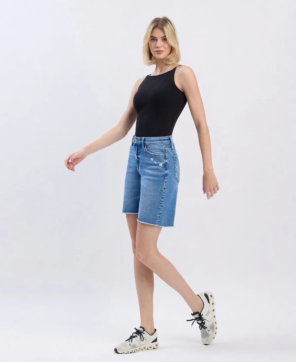Vervet by Flying Monkey High Rise Raw Hem Bermuda Shorts  Valour
