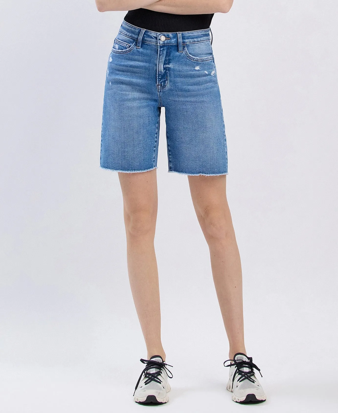 Vervet by Flying Monkey High Rise Raw Hem Bermuda Shorts  Valour