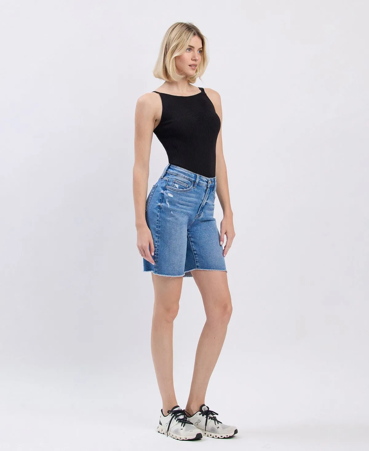 Vervet by Flying Monkey High Rise Raw Hem Bermuda Shorts  Valour