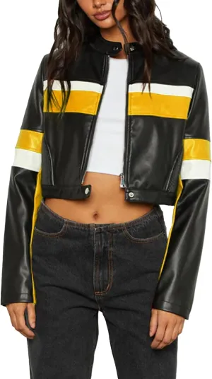 VOIKERDR Cropped Jacket Women Black Faux Leather Jacket Trendy Zip Up Motorcycle Jackets Outerwear Y2K Clothes