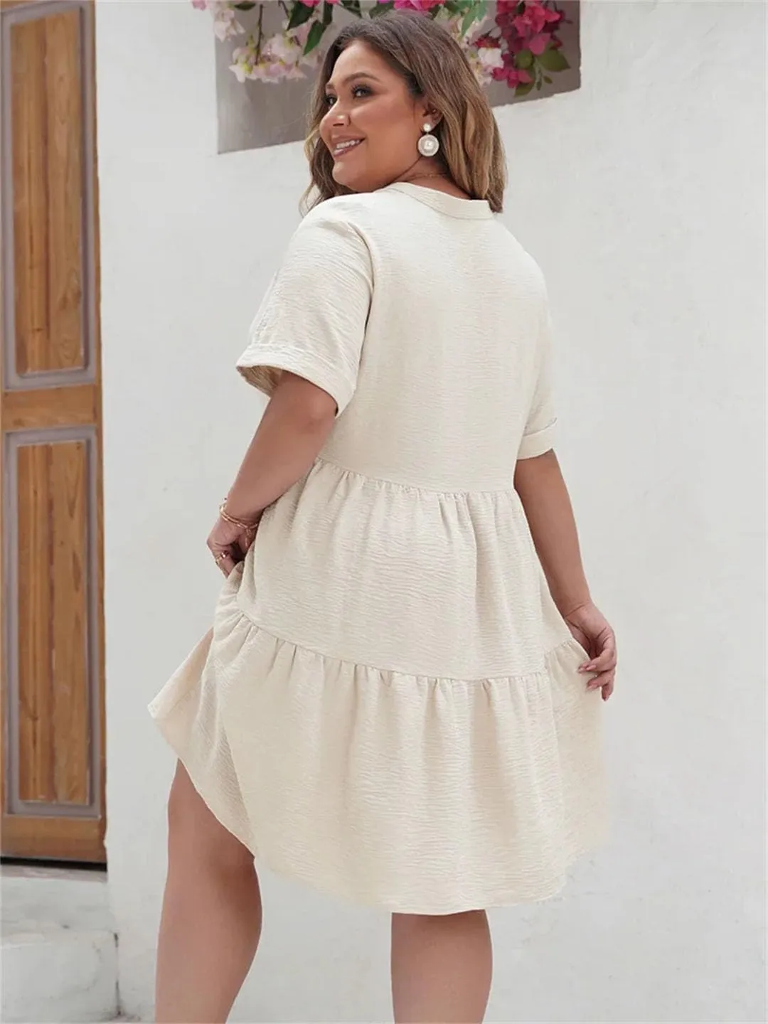 Women Solid Ruffle Hem Dress 2024 Boho Summer Short Sleeve Vacation Mini Dresses