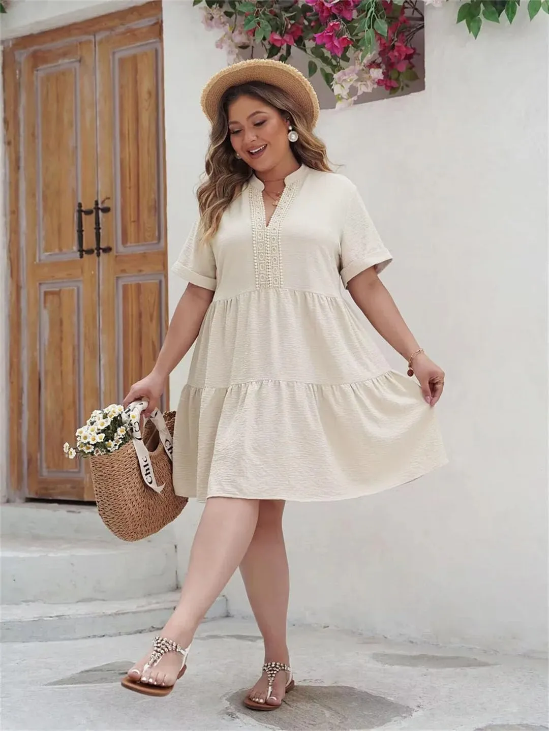 Women Solid Ruffle Hem Dress 2024 Boho Summer Short Sleeve Vacation Mini Dresses