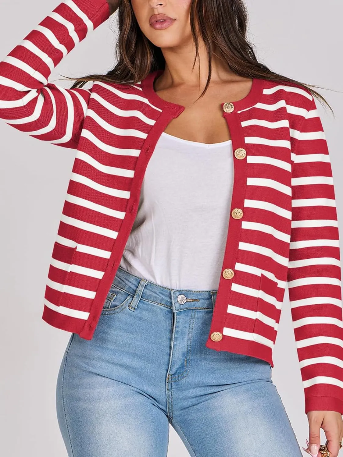 Women Striped Cardigan Sweaters Button Down Cropped Knit Lady Jackets Coat 2024 Fall Outfits Trendy Clothes