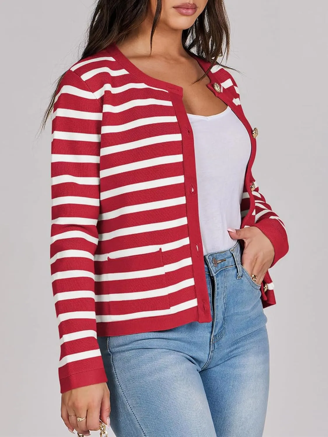 Women Striped Cardigan Sweaters Button Down Cropped Knit Lady Jackets Coat 2024 Fall Outfits Trendy Clothes
