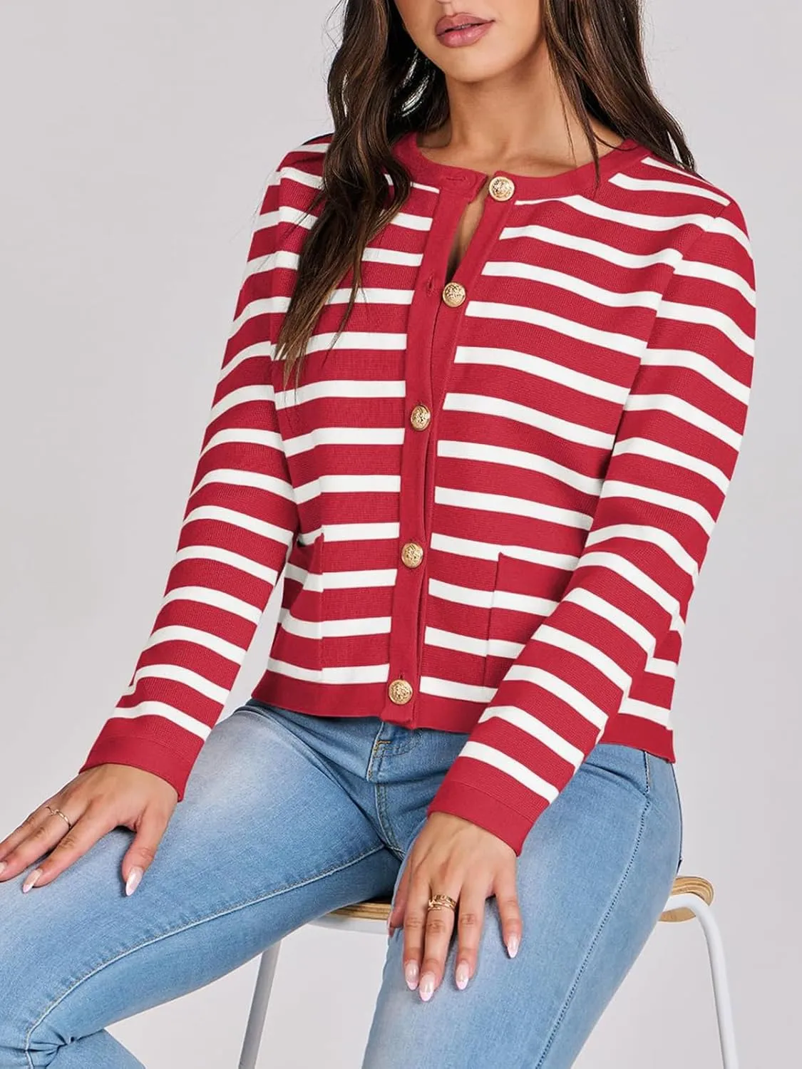 Women Striped Cardigan Sweaters Button Down Cropped Knit Lady Jackets Coat 2024 Fall Outfits Trendy Clothes