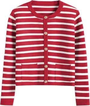 Women Striped Cardigan Sweaters Button Down Cropped Knit Lady Jackets Coat 2024 Fall Outfits Trendy Clothes