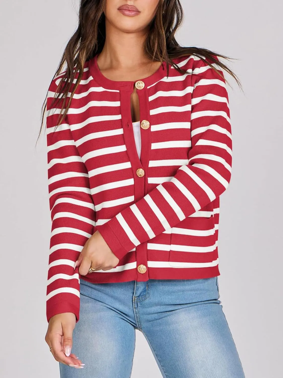 Women Striped Cardigan Sweaters Button Down Cropped Knit Lady Jackets Coat 2024 Fall Outfits Trendy Clothes