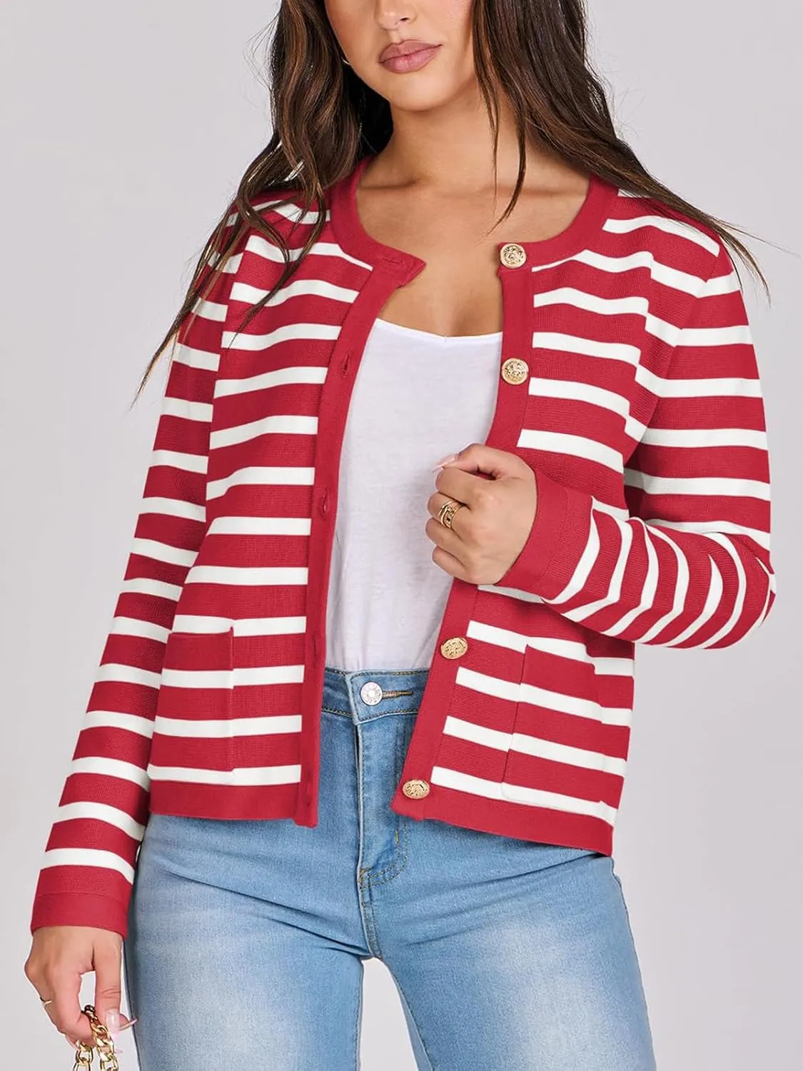 Women Striped Cardigan Sweaters Button Down Cropped Knit Lady Jackets Coat 2024 Fall Outfits Trendy Clothes