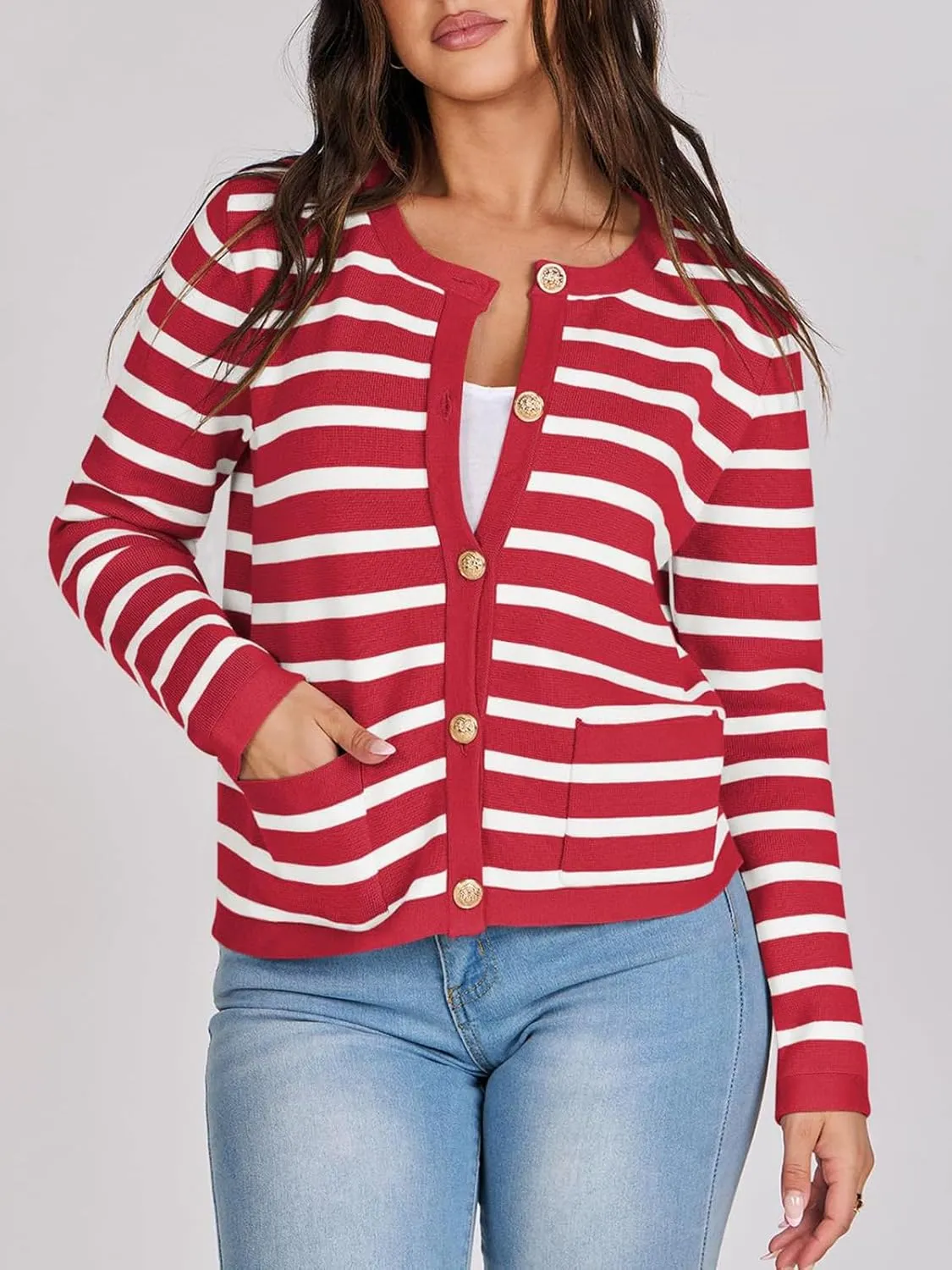 Women Striped Cardigan Sweaters Button Down Cropped Knit Lady Jackets Coat 2024 Fall Outfits Trendy Clothes