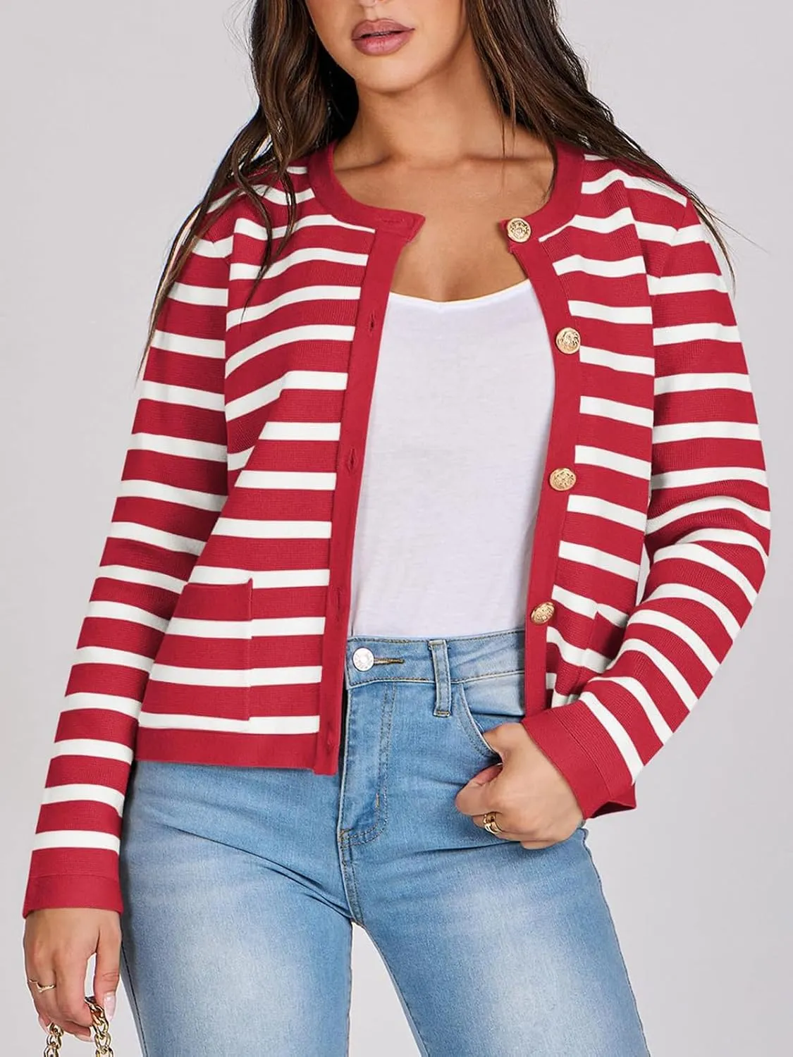 Women Striped Cardigan Sweaters Button Down Cropped Knit Lady Jackets Coat 2024 Fall Outfits Trendy Clothes