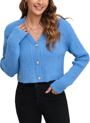 Women's Fall Cropped Cardigan Sweaters V Neck Long Sleeve Open Front Button Down Knit Sweater Tops Outerwear Coats.