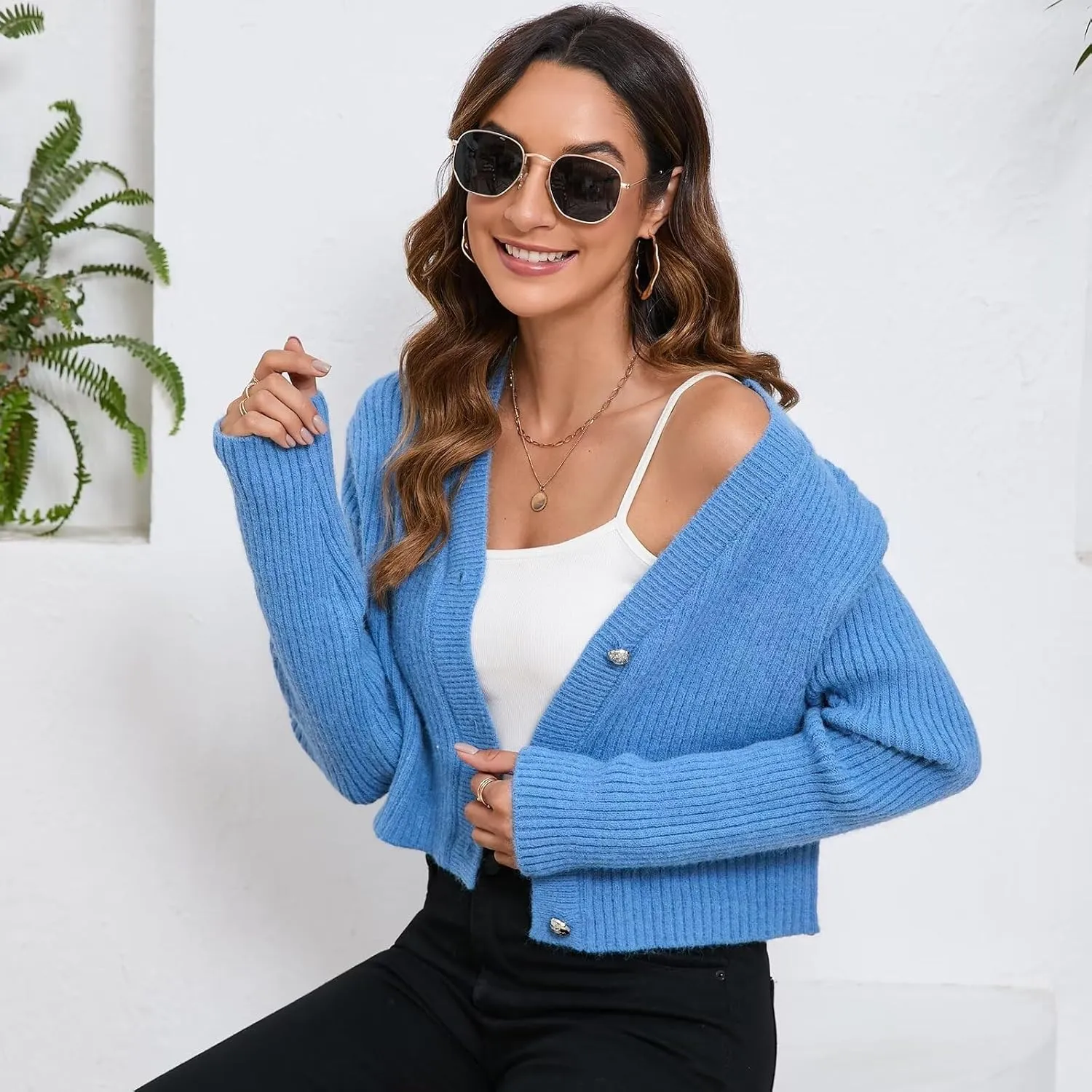Women's Fall Cropped Cardigan Sweaters V Neck Long Sleeve Open Front Button Down Knit Sweater Tops Outerwear Coats.