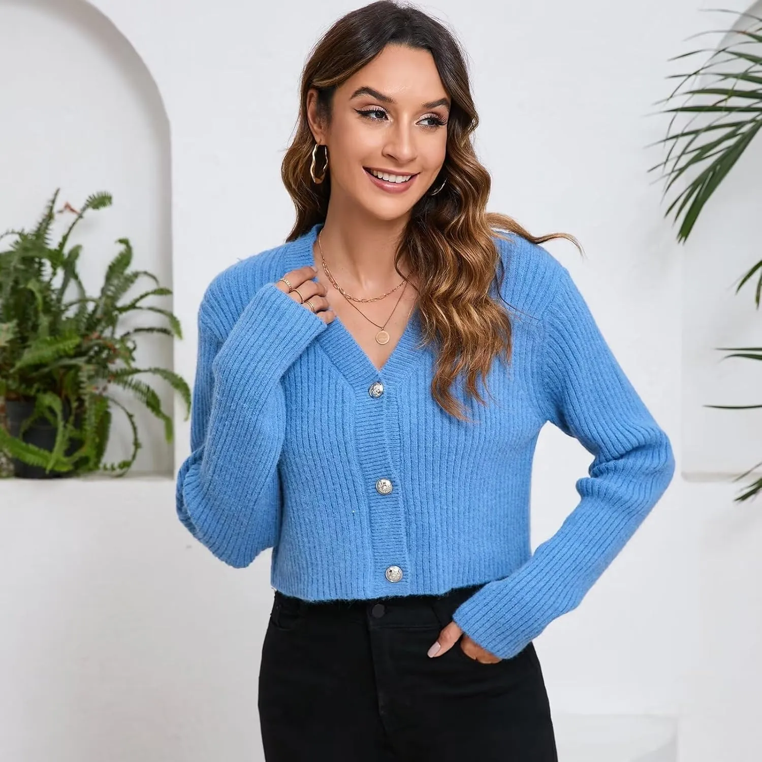 Women's Fall Cropped Cardigan Sweaters V Neck Long Sleeve Open Front Button Down Knit Sweater Tops Outerwear Coats.