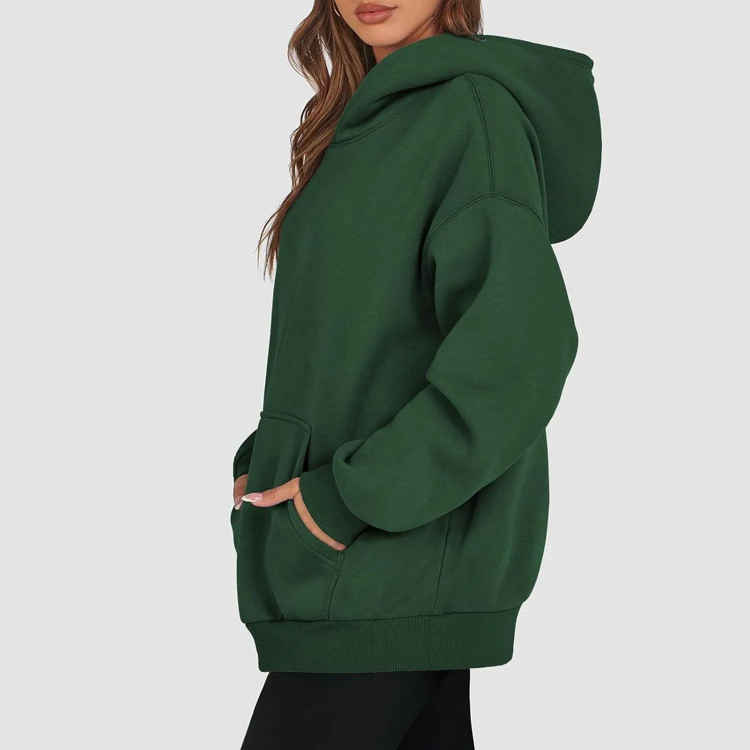 Women's Fashion Loose Fall Hooded Sweatshirt Solid Color Casual Daily Long Sleeve Fleece Sweaters Pullover with Pocket