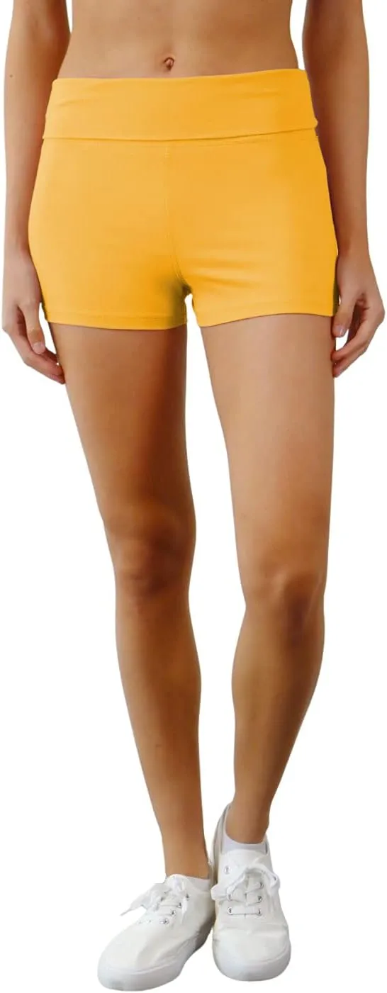 Womens Fold Over Waist Stretch Cotton Active Yoga Shorts