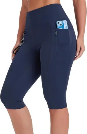 Women's Long Biker Shorts Hiking Knee Length Capri Leggings, High Waisted Bermuda Shorts with Pockets 14 Inch