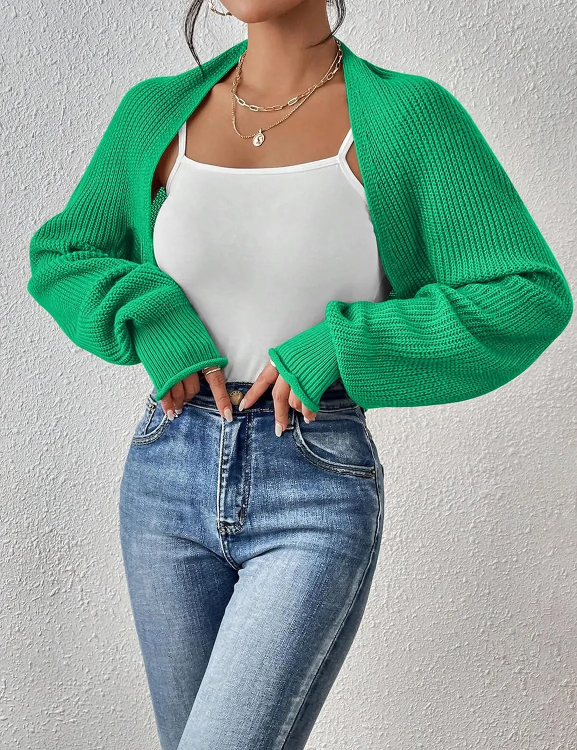 Women's Long Sleeve Open Front Knit Cropped Cardigan Sweaters Casual Solid Spring Summer Short Shrugs Sweater Coats