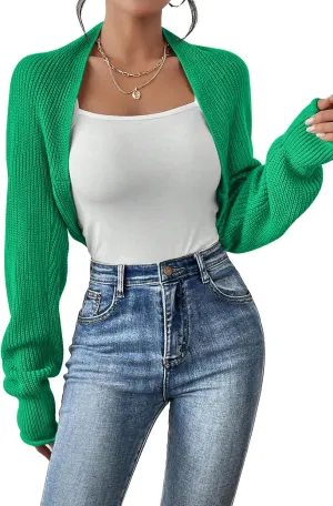 Women's Long Sleeve Open Front Knit Cropped Cardigan Sweaters Casual Solid Spring Summer Short Shrugs Sweater Coats