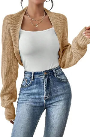Women's Long Sleeve Open Front Knit Cropped Cardigan Sweaters Casual Solid Spring Summer Short Shrugs Sweater Coats