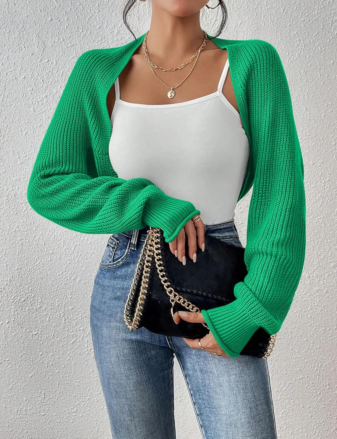 Women's Long Sleeve Open Front Knit Cropped Cardigan Sweaters Casual Solid Spring Summer Short Shrugs Sweater Coats