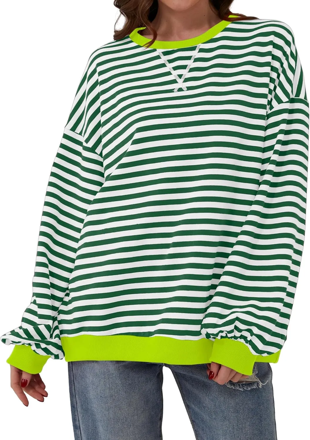 Women's Oversized Striped Crewneck Sweatshirt Color Block Long Sleeve Crew Neck Pullover Tops.