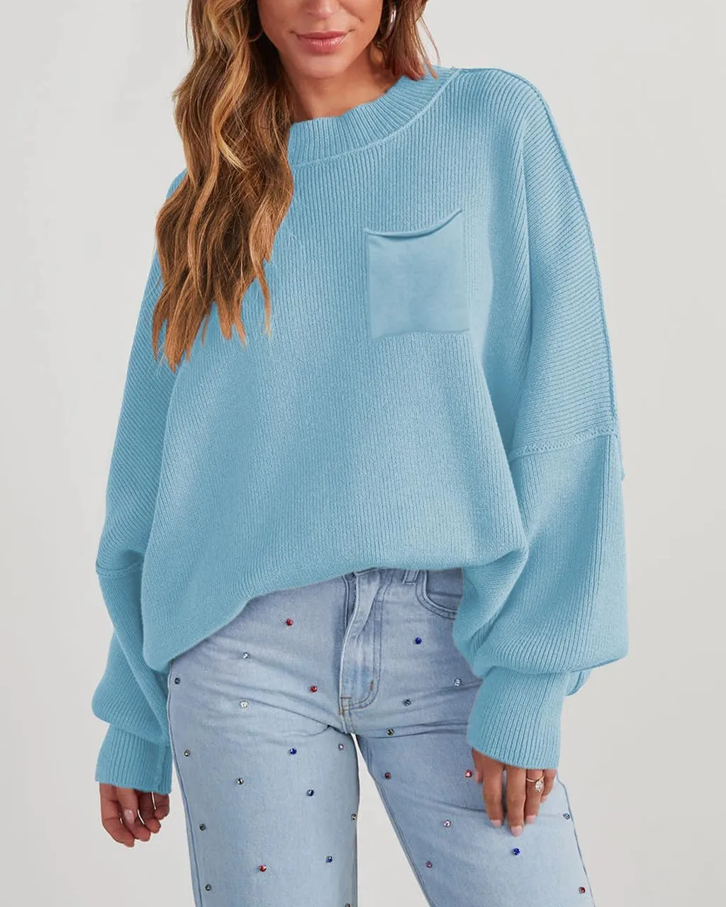 Women's Oversized Sweaters 2025 Crewneck Long Sleeve Ribbed Knit Batwing Pullover Tops