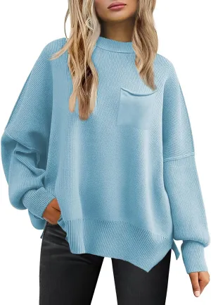 Women's Oversized Sweaters 2025 Crewneck Long Sleeve Ribbed Knit Batwing Pullover Tops