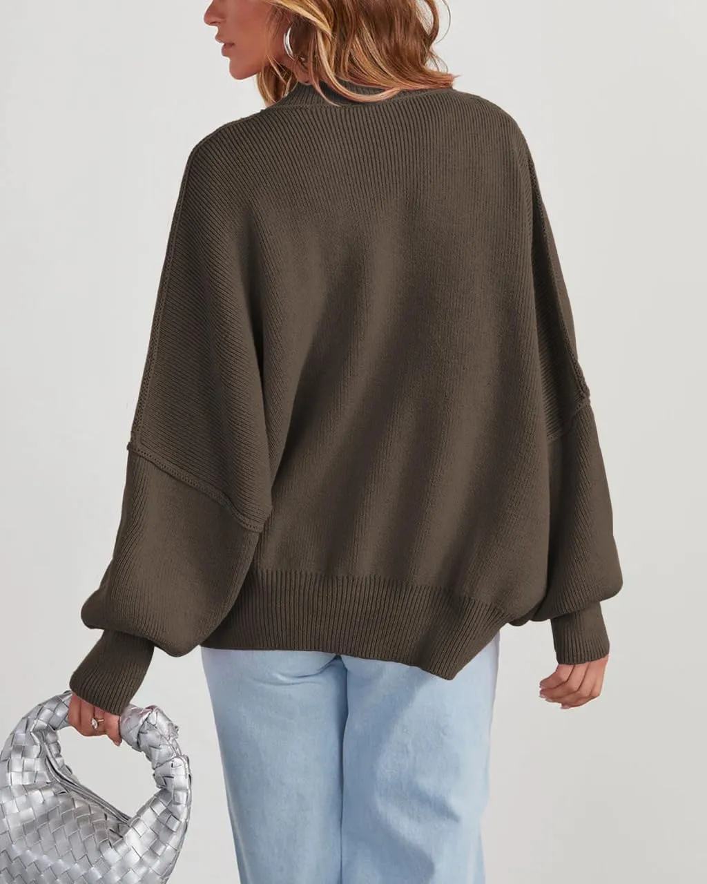 Women's Oversized Sweaters 2025 Crewneck Long Sleeve Ribbed Knit Batwing Pullover Tops