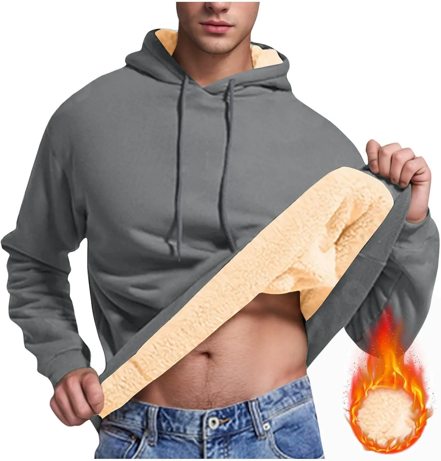 XUNRYAN Hoodies for Men Heavyweight Fleece Sweatshirt Thick Pullover Warm Hooded Sherpa Jackets Long Sleeve Shirts Outerwear