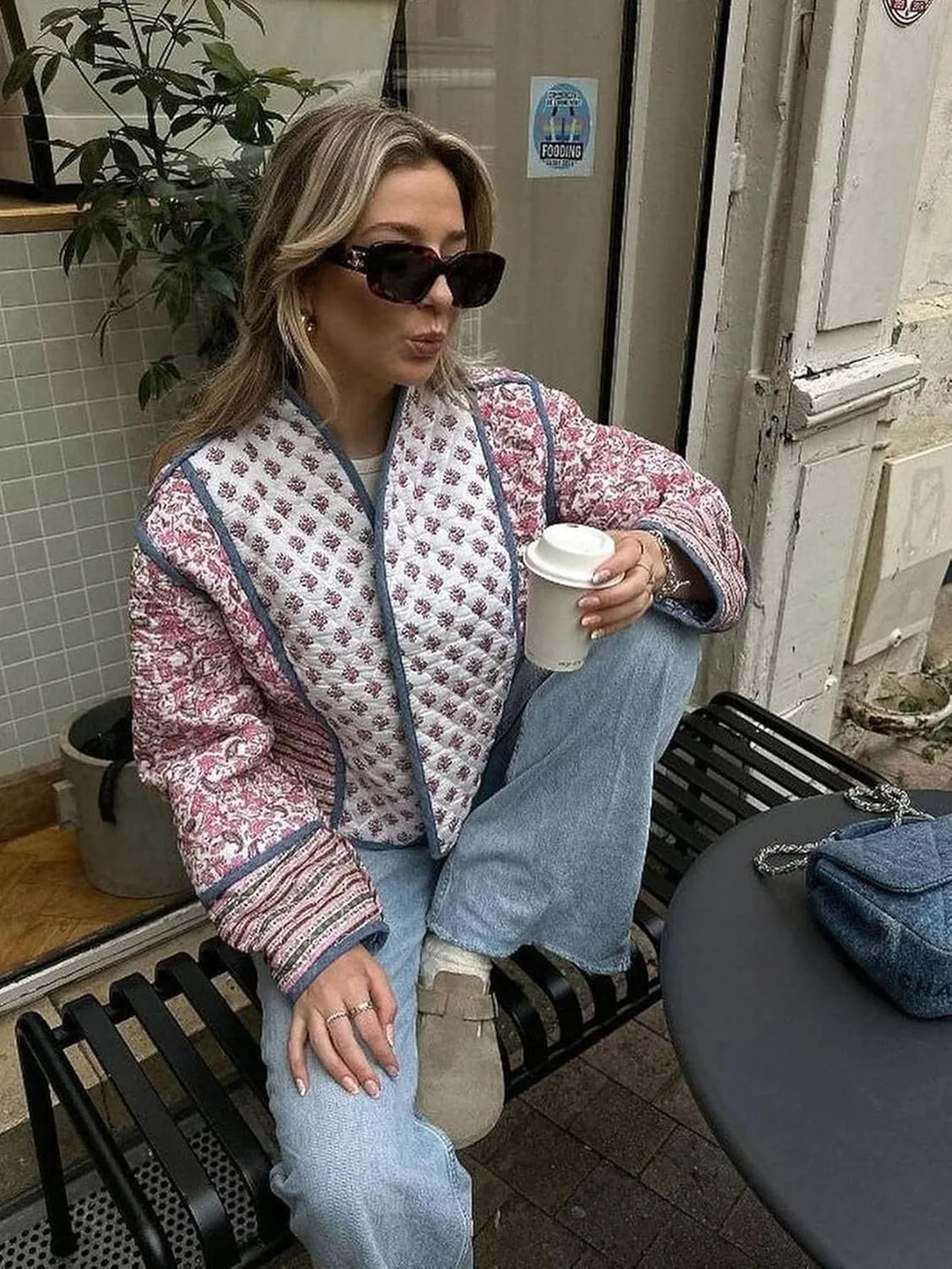 YKR Women's Cropped Puffer Jacket Floral Print Quilted Puffer Jackets Open Front Lightweight Short Jacket Trendy