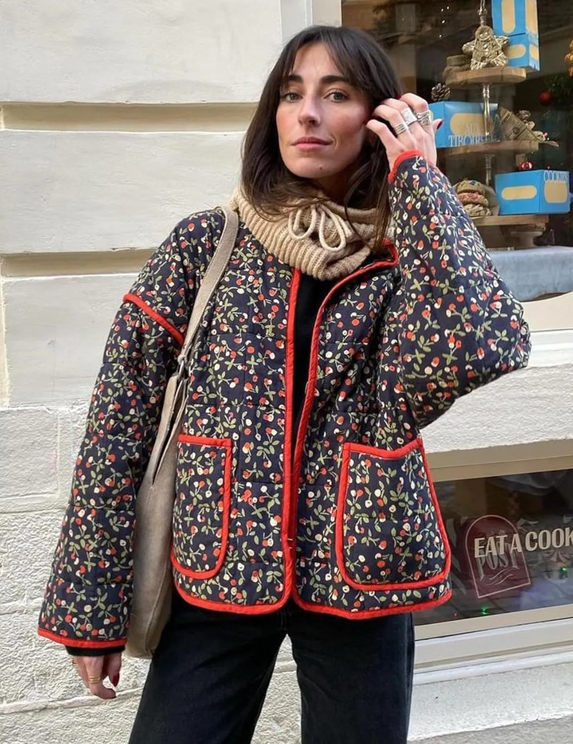 YKR Women's Cropped Puffer Jacket Floral Print Quilted Puffer Jackets Open Front Lightweight Short Jacket Trendy