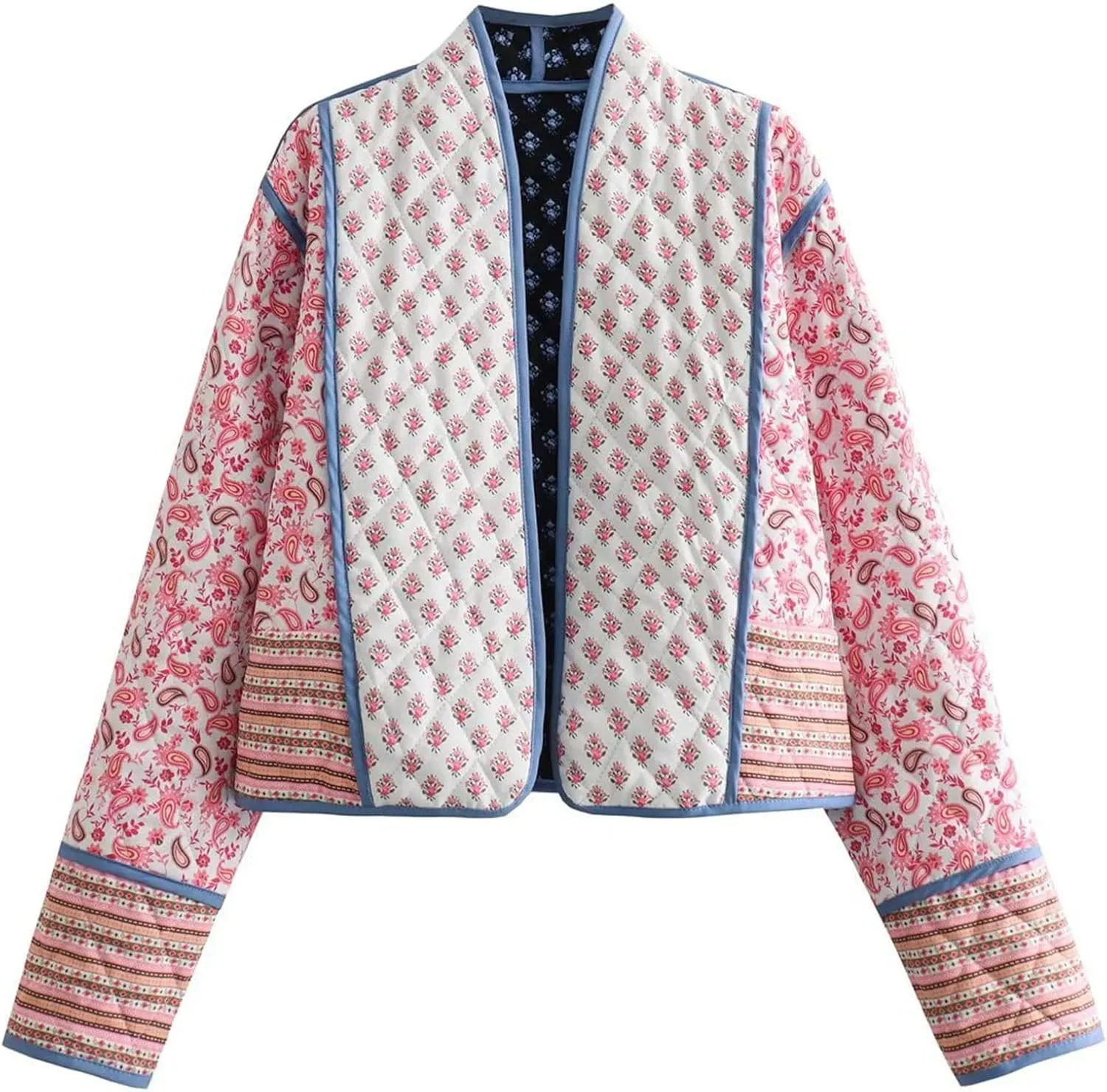 YKR Women's Cropped Puffer Jacket Floral Print Quilted Puffer Jackets Open Front Lightweight Short Jacket Trendy