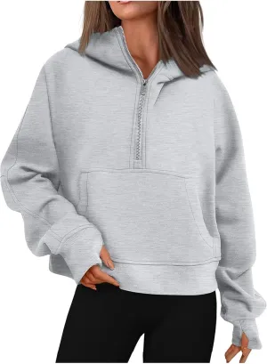Zip Up Hoodie Women,2024 Fall Thumb Hole Half Zip Sweatshirts Fleece Jackets Tops Oversized Pullover With Pockets